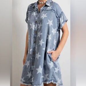 EASEL "Twinkle Star" Lightweight Cotton Denim Shirt Dress Button Up W/ Raw Seams